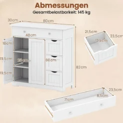 Badezimmerschrank Holz Freistehender Badschrank mit 4 Schubladen und 2 Türen 80 x 30 x 82 cm Weiß