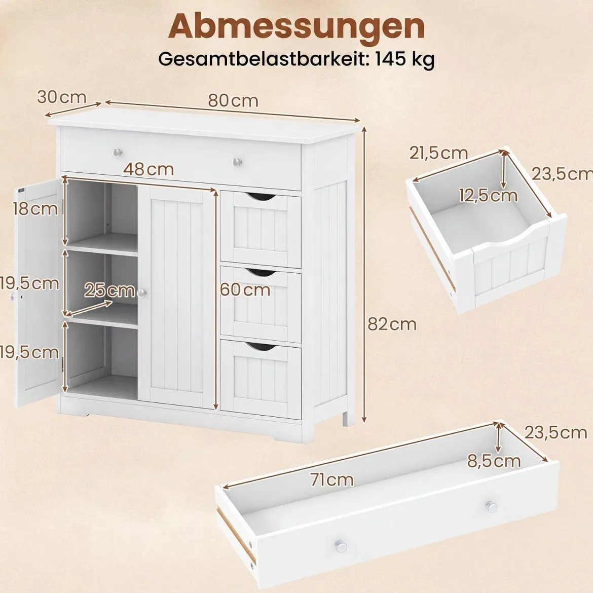 Badezimmerschrank Holz Freistehender Badschrank mit 4 Schubladen und 2 Türen 80 x 30 x 82 cm Weiß