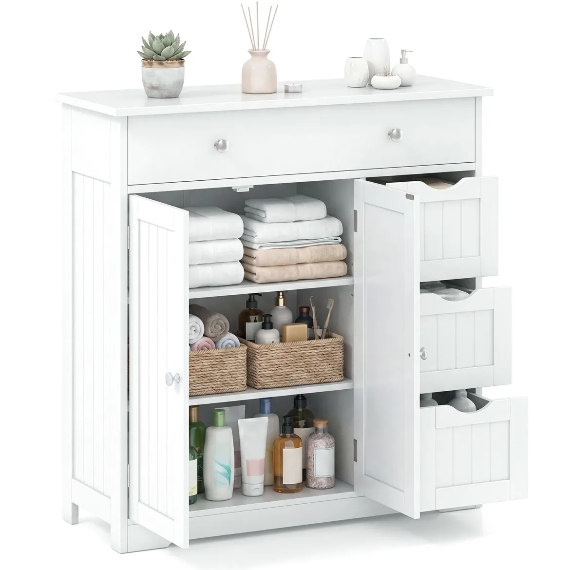 Badezimmerschrank Holz Freistehender Badschrank mit 4 Schubladen und 2 Türen 80 x 30 x 82 cm Weiß