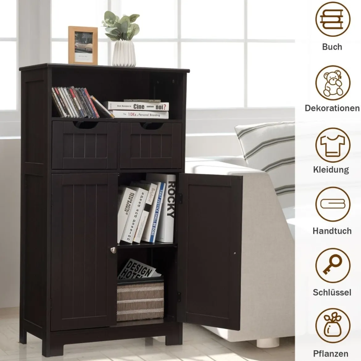 Badezimmerschrank Lagerregal mit einer offenen Ablage 60 x 30 x 109 cm Braun