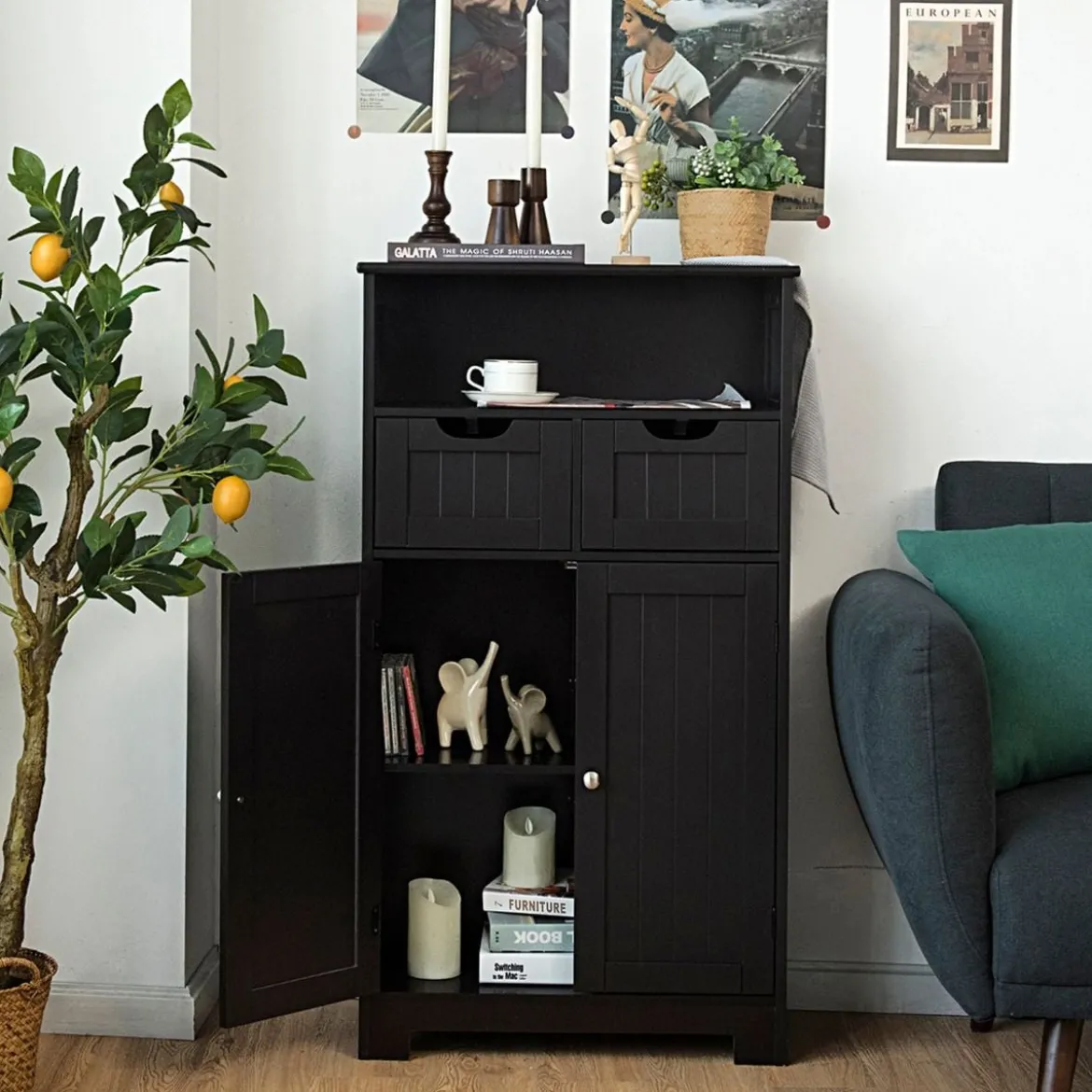 Badezimmerschrank Lagerregal mit einer offenen Ablage 60 x 30 x 109 cm Braun