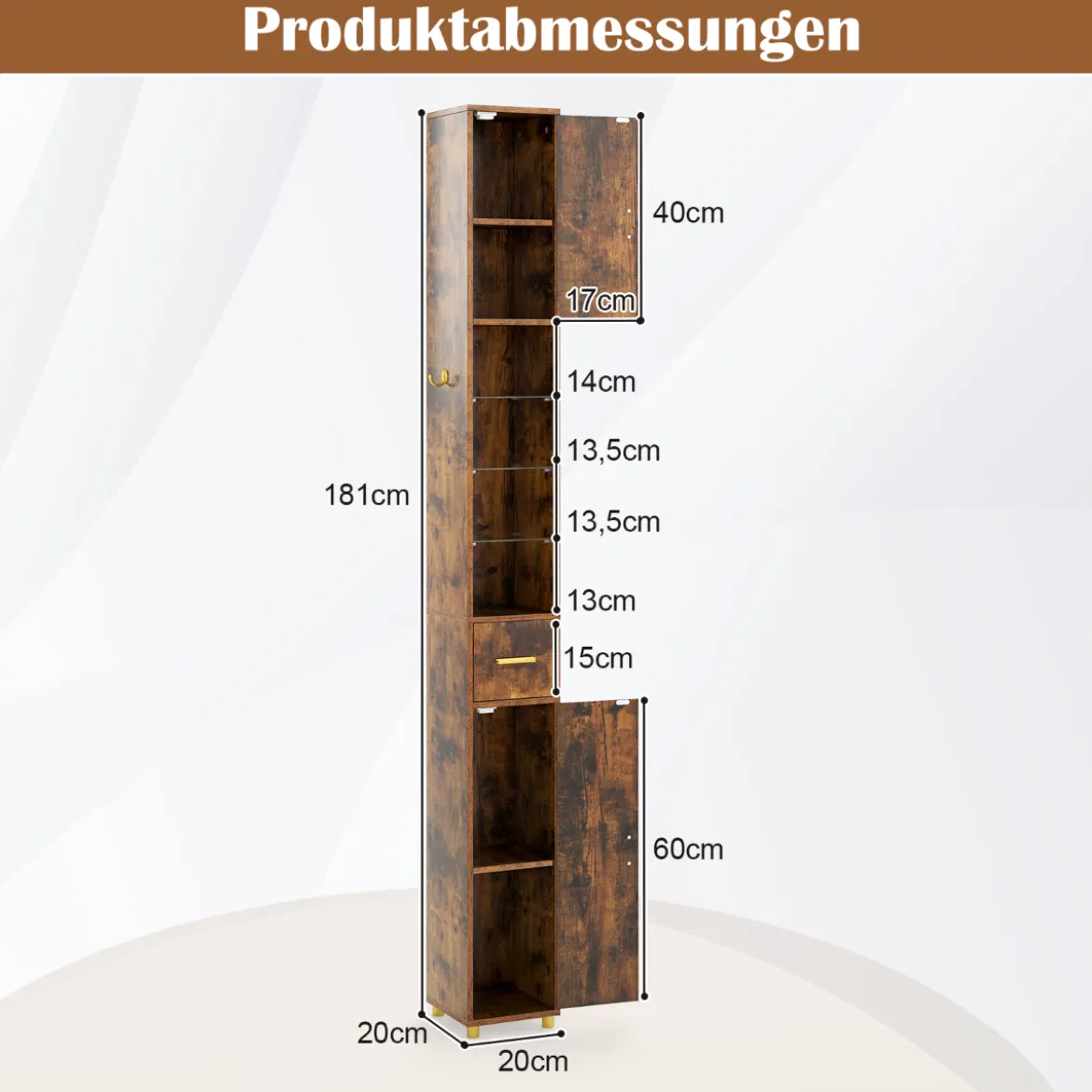 Badezimmerschrank mit Beleuchtung & Schublade & 3 Glasablagen Schmaler Badschrank Vintage
