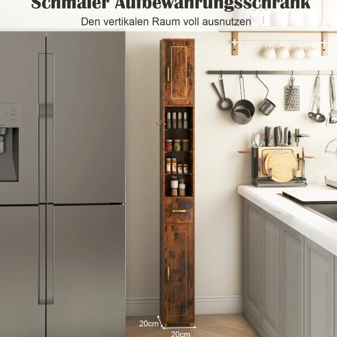 Badezimmerschrank mit Beleuchtung & Schublade & 3 Glasablagen Schmaler Badschrank Vintage