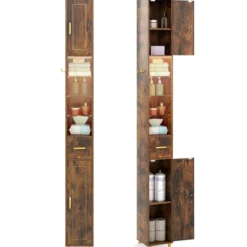 Badezimmerschrank mit Beleuchtung & Schublade & 3 Glasablagen Schmaler Badschrank Vintage
