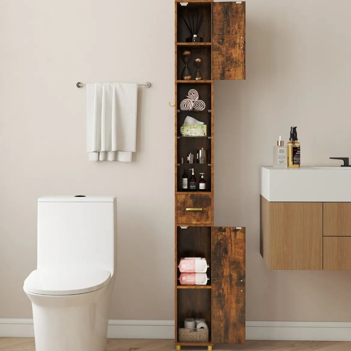 Badezimmerschrank mit Beleuchtung & Schublade & 3 Glasablagen Schmaler Badschrank Vintage