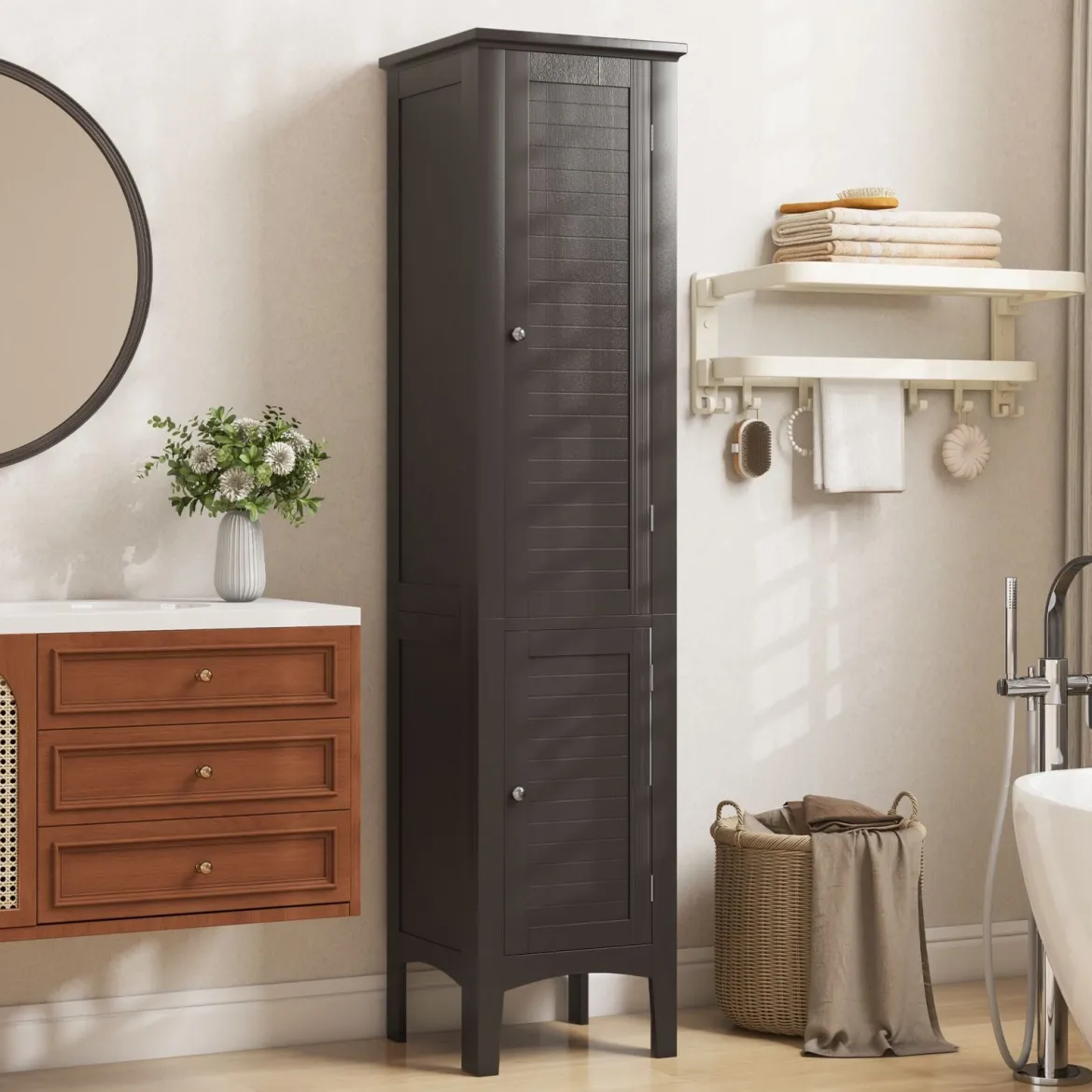 Badezimmerschrank mit 5 Fächern & 2 Lamellentür & Regalen & Kippsicherung Schmaler Hochschrank