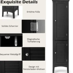 Badezimmerschrank mit 5 Fächern & 2 Lamellentür & Regalen & Kippsicherung Schmaler Hochschrank