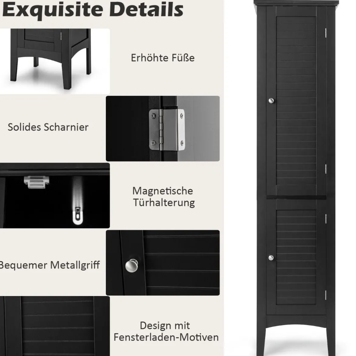 Badezimmerschrank mit 5 Fächern & 2 Lamellentür & Regalen & Kippsicherung Schmaler Hochschrank