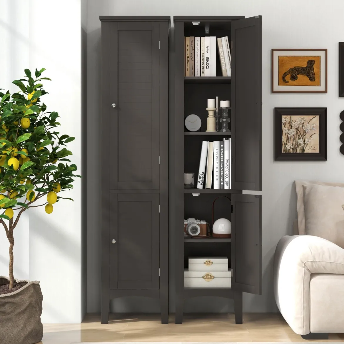 Badezimmerschrank mit 5 Fächern & 2 Lamellentür & Regalen & Kippsicherung Schmaler Hochschrank