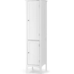 Badezimmerschrank mit 5 Fächern & 2 Lamellentür & Regalen & Kippsicherung Schmaler Hochschrank