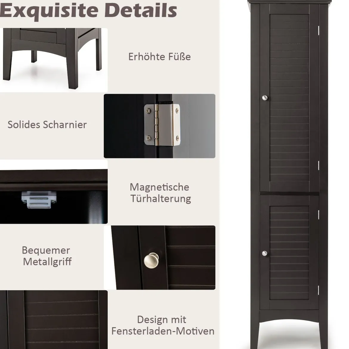 Badezimmerschrank mit 5 Fächern & 2 Lamellentür & Regalen & Kippsicherung Schmaler Hochschrank