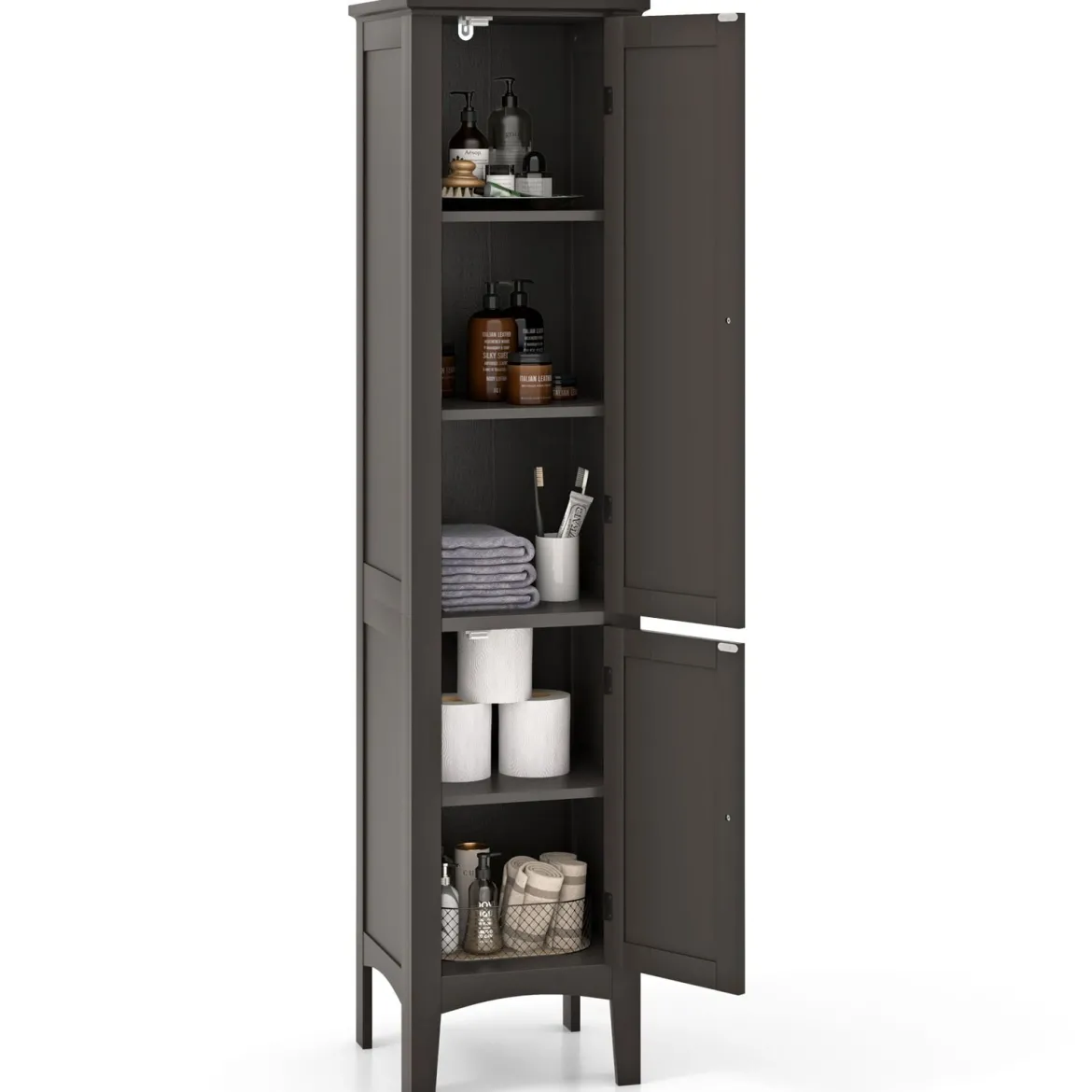 Badezimmerschrank mit 5 Fächern & 2 Lamellentür & Regalen & Kippsicherung Schmaler Hochschrank