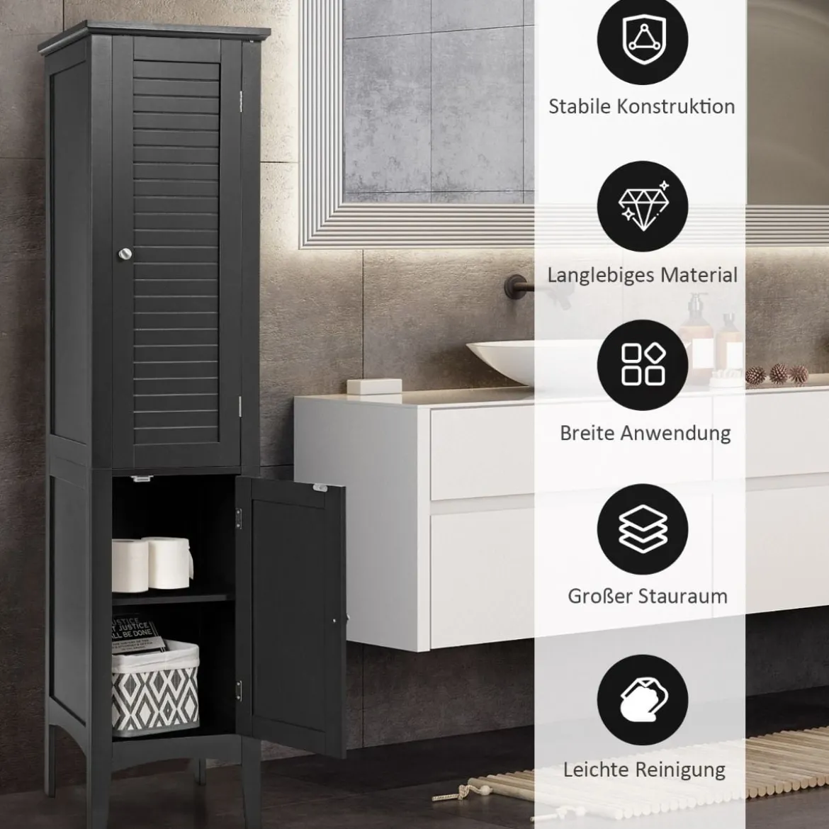Badezimmerschrank mit 5 Fächern & 2 Lamellentür & Regalen & Kippsicherung Schmaler Hochschrank