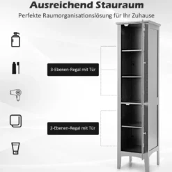 Badezimmerschrank mit 5 Fächern & 2 Lamellentür & Regalen & Kippsicherung Schmaler Hochschrank