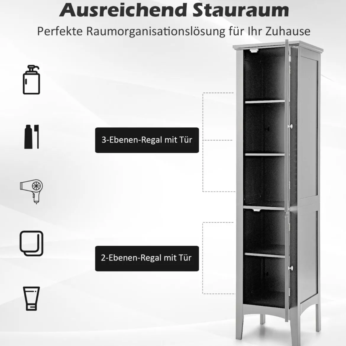 Badezimmerschrank mit 5 Fächern & 2 Lamellentür & Regalen & Kippsicherung Schmaler Hochschrank