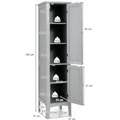 Badezimmerschrank mit 5 Fächern & 2 Lamellentür & Regalen & Kippsicherung Schmaler Hochschrank