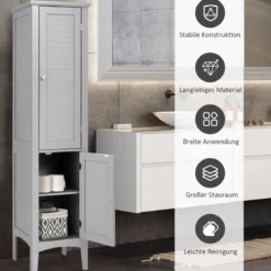 Badezimmerschrank mit 5 Fächern & 2 Lamellentür & Regalen & Kippsicherung Schmaler Hochschrank