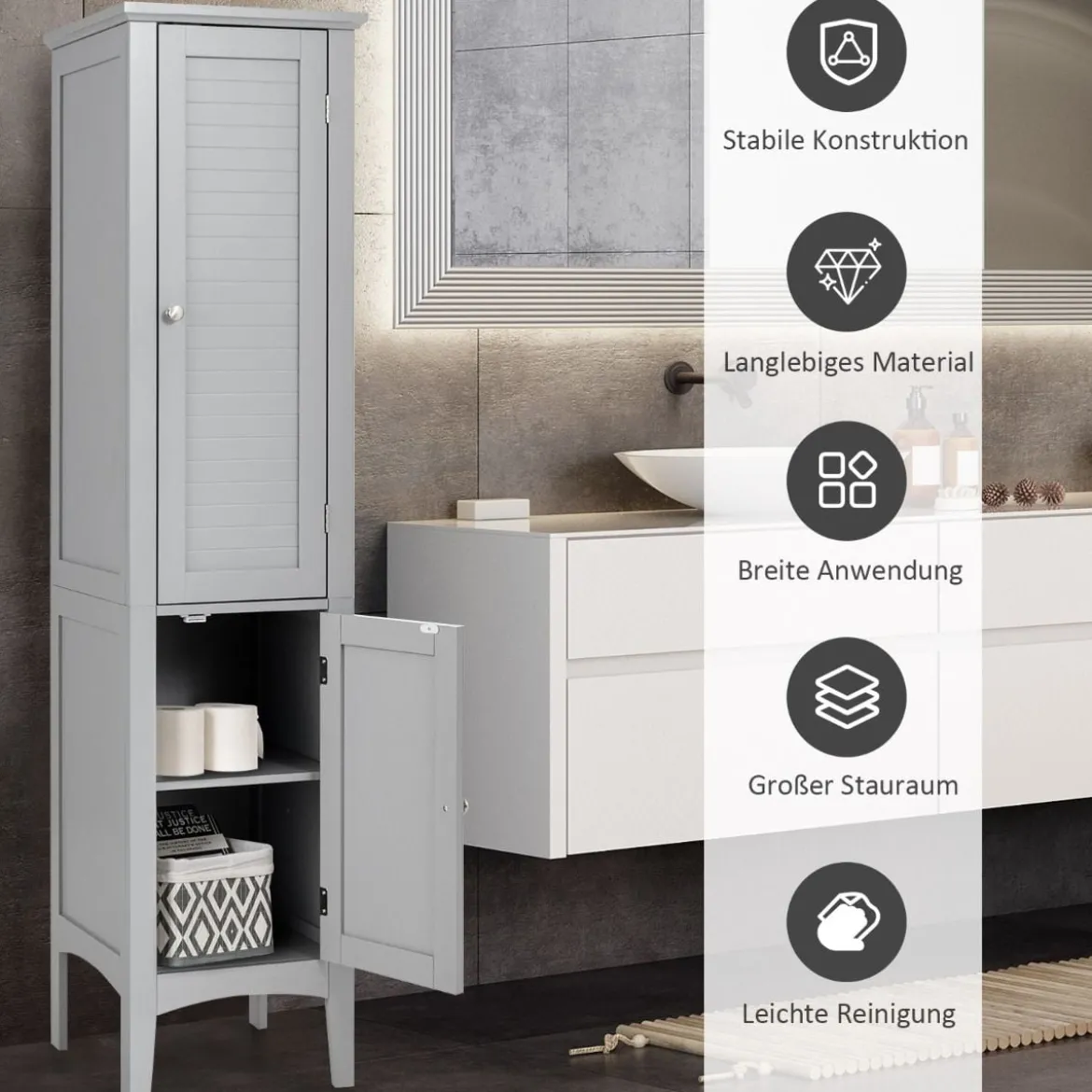 Badezimmerschrank mit 5 Fächern & 2 Lamellentür & Regalen & Kippsicherung Schmaler Hochschrank