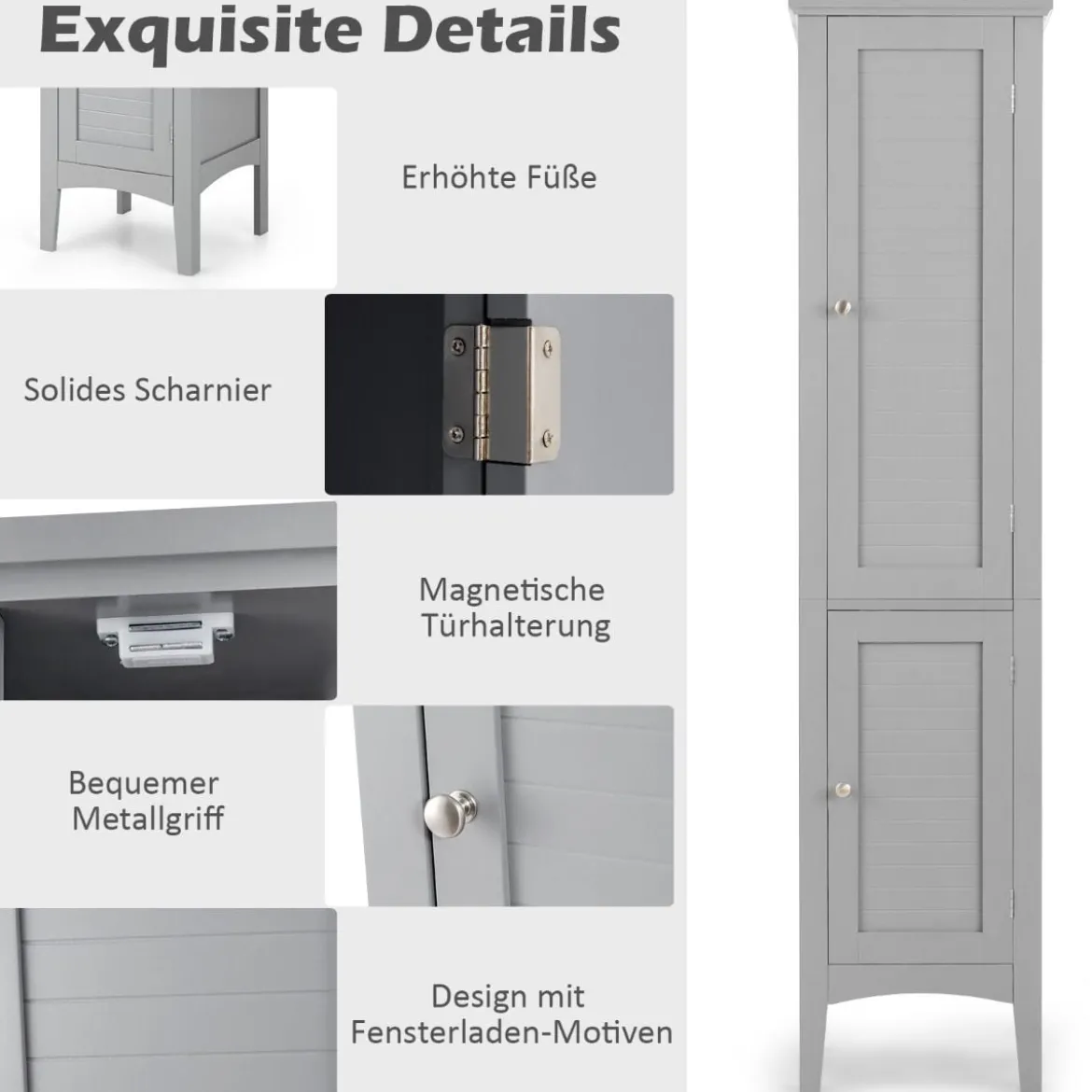 Badezimmerschrank mit 5 Fächern & 2 Lamellentür & Regalen & Kippsicherung Schmaler Hochschrank