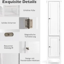 Badezimmerschrank mit 5 Fächern & 2 Lamellentür & Regalen & Kippsicherung Schmaler Hochschrank
