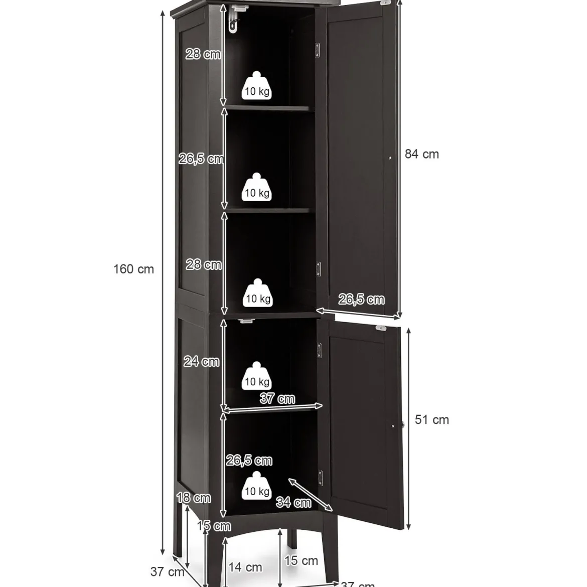 Badezimmerschrank mit 5 Fächern & 2 Lamellentür & Regalen & Kippsicherung Schmaler Hochschrank