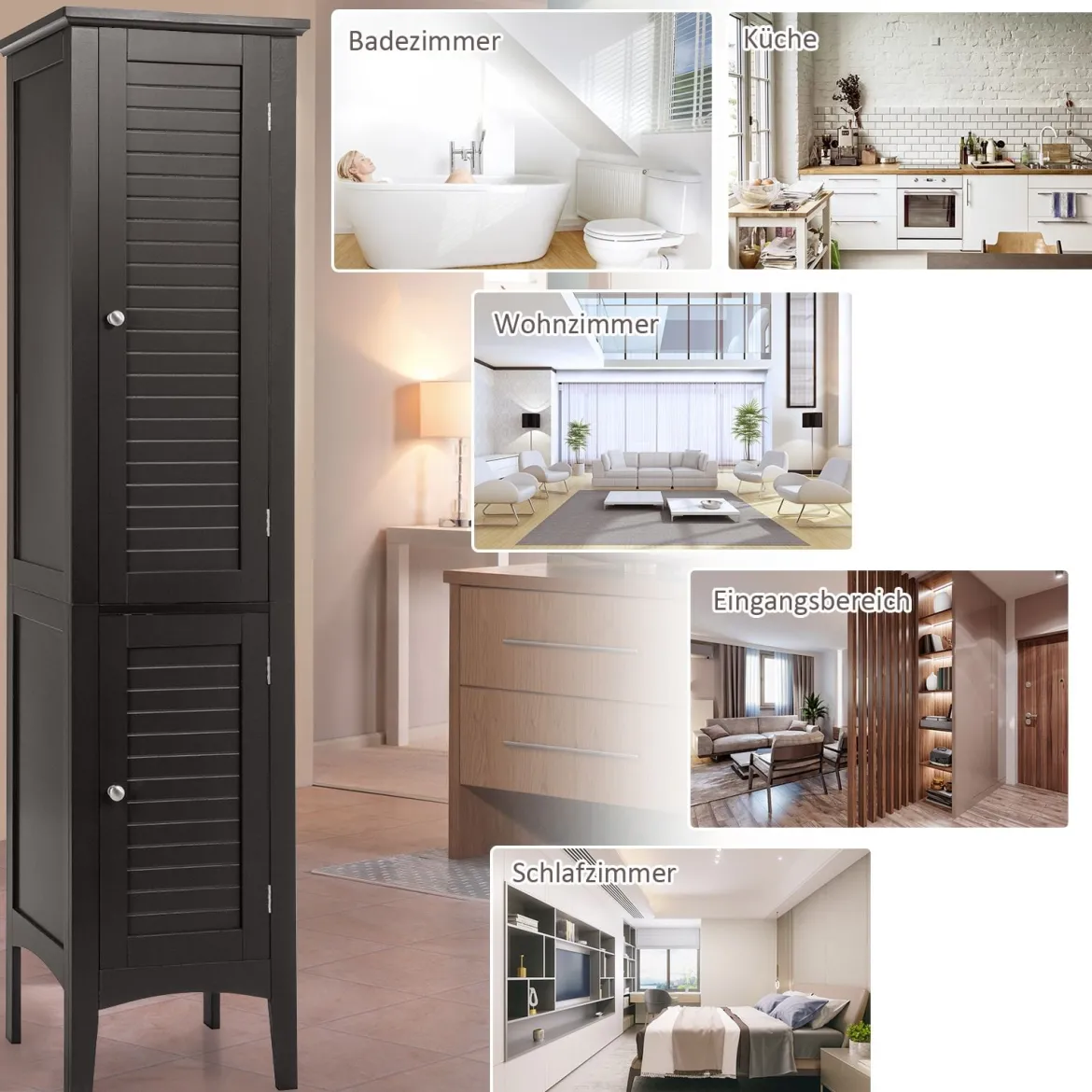 Badezimmerschrank mit 5 Fächern & 2 Lamellentür & Regalen & Kippsicherung Schmaler Hochschrank