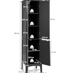 Badezimmerschrank mit 5 Fächern & 2 Lamellentür & Regalen & Kippsicherung Schmaler Hochschrank