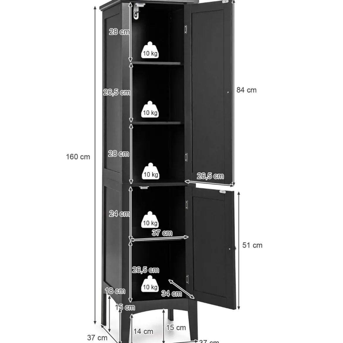 Badezimmerschrank mit 5 Fächern & 2 Lamellentür & Regalen & Kippsicherung Schmaler Hochschrank