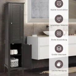 Badezimmerschrank mit 5 Fächern & 2 Lamellentür & Regalen & Kippsicherung Schmaler Hochschrank