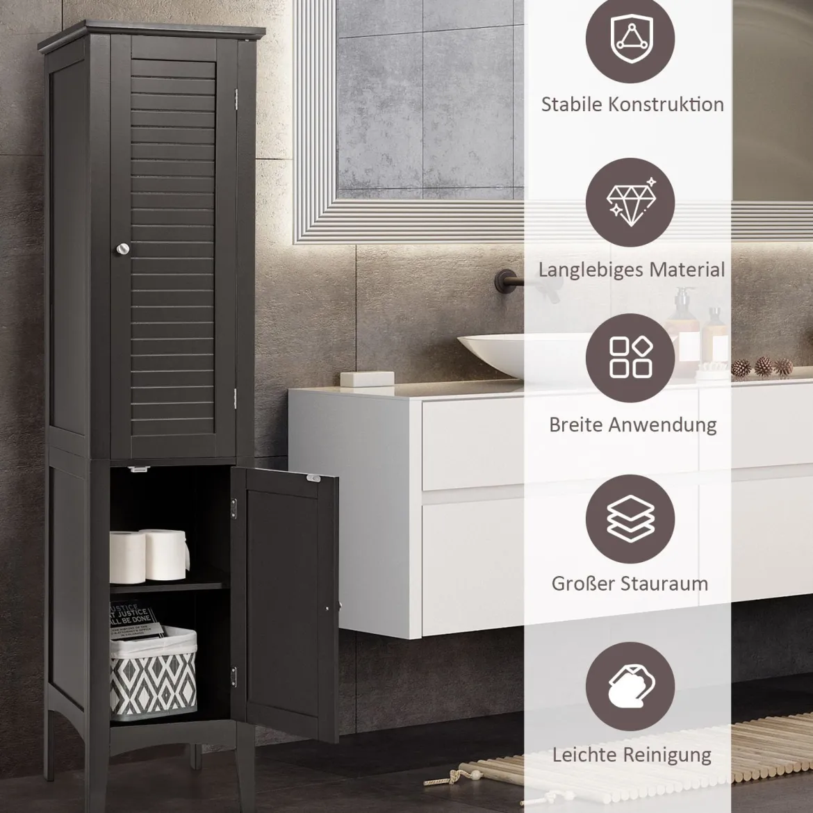 Badezimmerschrank mit 5 Fächern & 2 Lamellentür & Regalen & Kippsicherung Schmaler Hochschrank