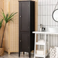 Badezimmerschrank mit 5 Fächern & 2 Lamellentür & Regalen & Kippsicherung Schmaler Hochschrank