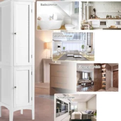 Badezimmerschrank mit 5 Fächern & 2 Lamellentür & Regalen & Kippsicherung Schmaler Hochschrank