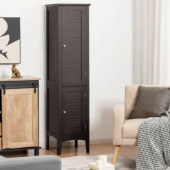 Badezimmerschrank mit 5 Fächern & 2 Lamellentür & Regalen & Kippsicherung Schmaler Hochschrank