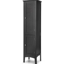 Badezimmerschrank mit 5 Fächern & 2 Lamellentür & Regalen & Kippsicherung Schmaler Hochschrank