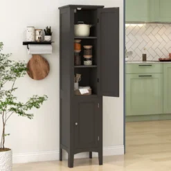 Badezimmerschrank mit 5 Fächern & 2 Lamellentür & Regalen & Kippsicherung Schmaler Hochschrank