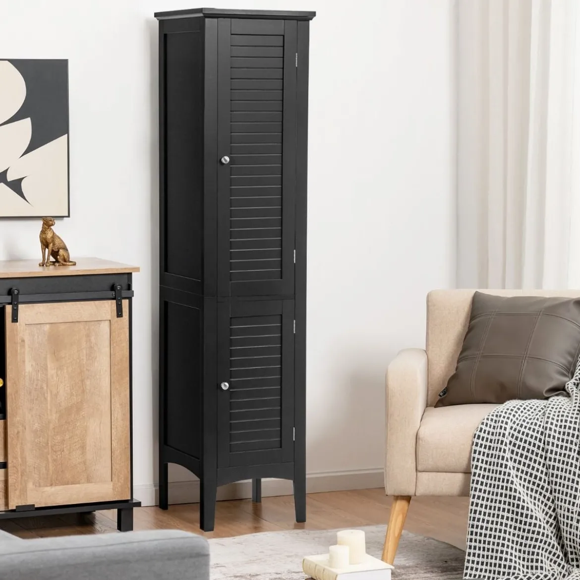 Badezimmerschrank mit 5 Fächern & 2 Lamellentür & Regalen & Kippsicherung Schmaler Hochschrank