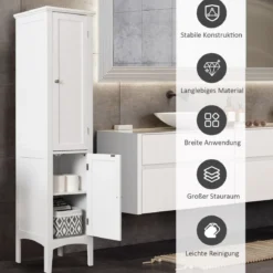 Badezimmerschrank mit 5 Fächern & 2 Lamellentür & Regalen & Kippsicherung Schmaler Hochschrank