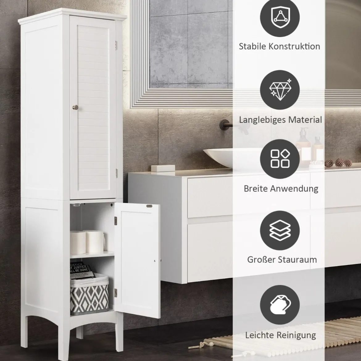 Badezimmerschrank mit 5 Fächern & 2 Lamellentür & Regalen & Kippsicherung Schmaler Hochschrank
