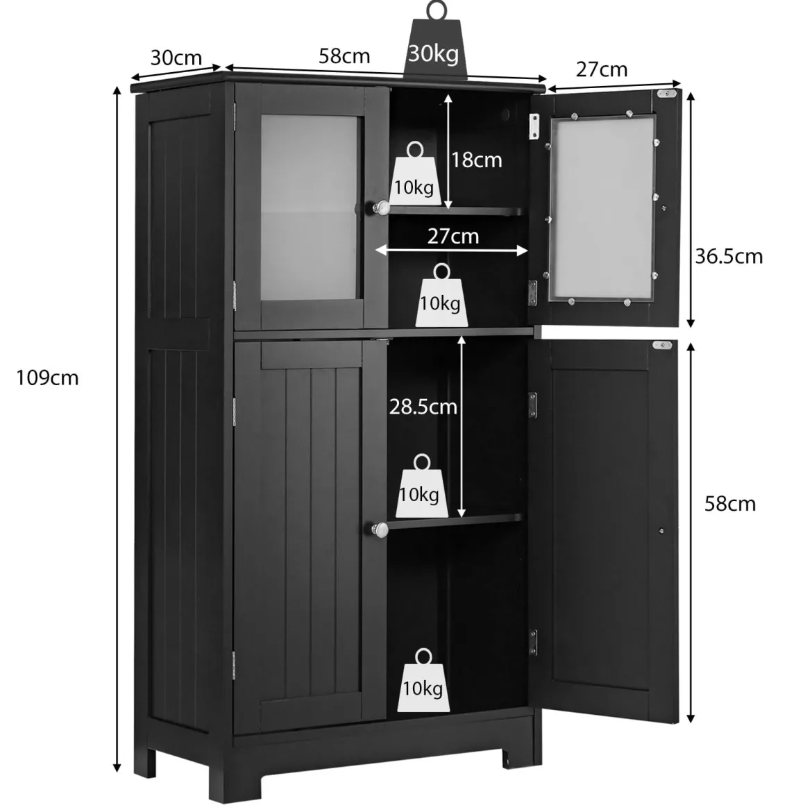 Badezimmerschrank mit Glastüren & verstellbarem Regal Badschrank Hochschrank Holz Schwarz