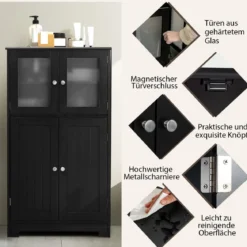 Badezimmerschrank mit Glastüren & verstellbarem Regal Badschrank Hochschrank Holz Schwarz