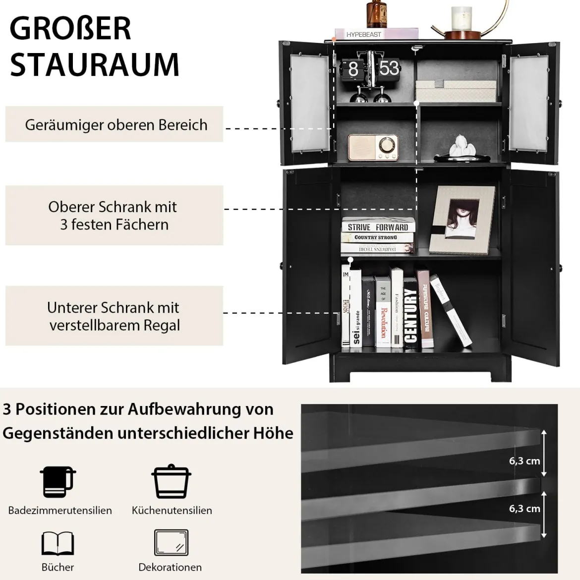 Badezimmerschrank mit Glastüren & verstellbarem Regal Badschrank Hochschrank Holz Schwarz