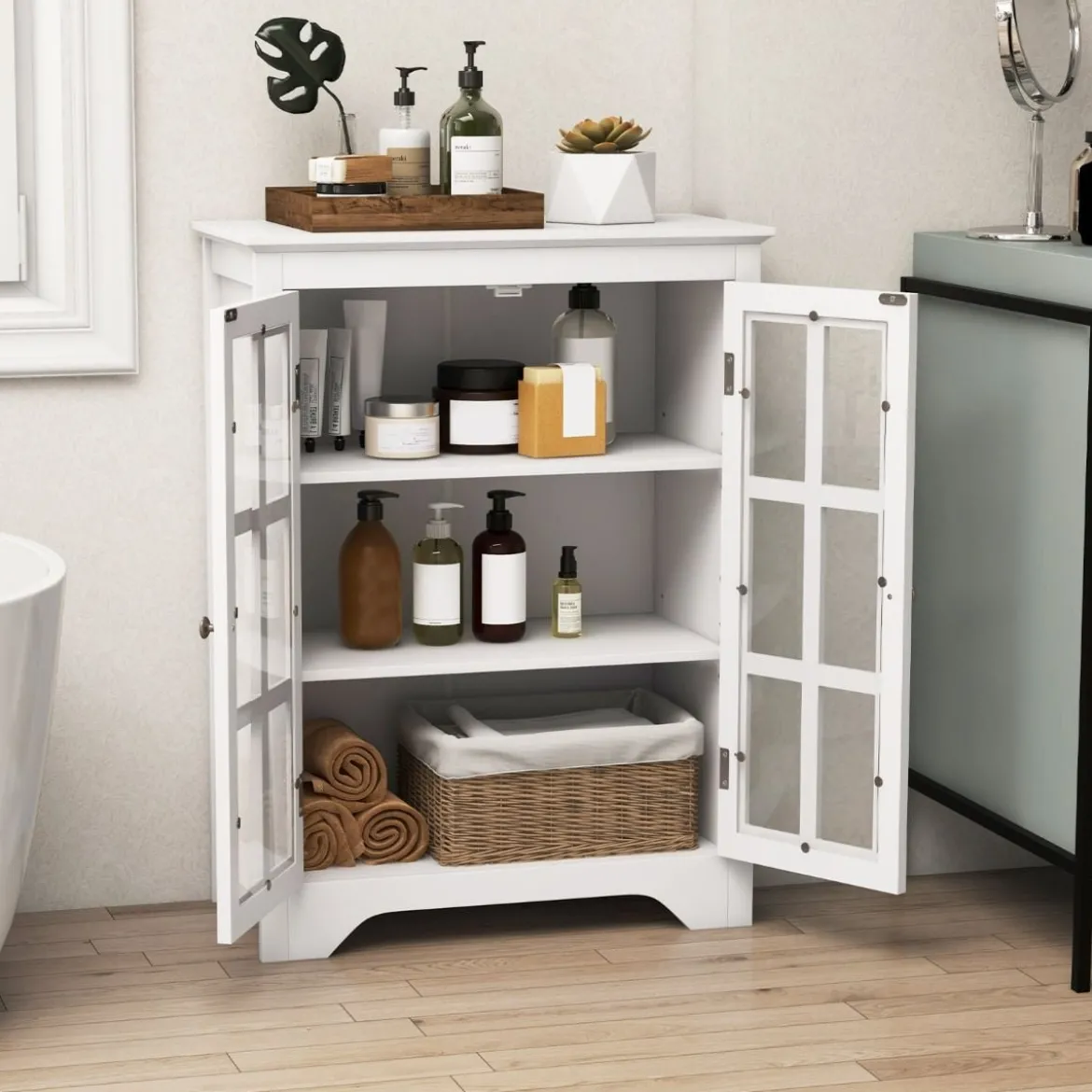 Badezimmerschrank mit 2 Glastüren & 2 Verstellbaren Ablagen Badschrank 60 x 30 x 80 cm Weiß