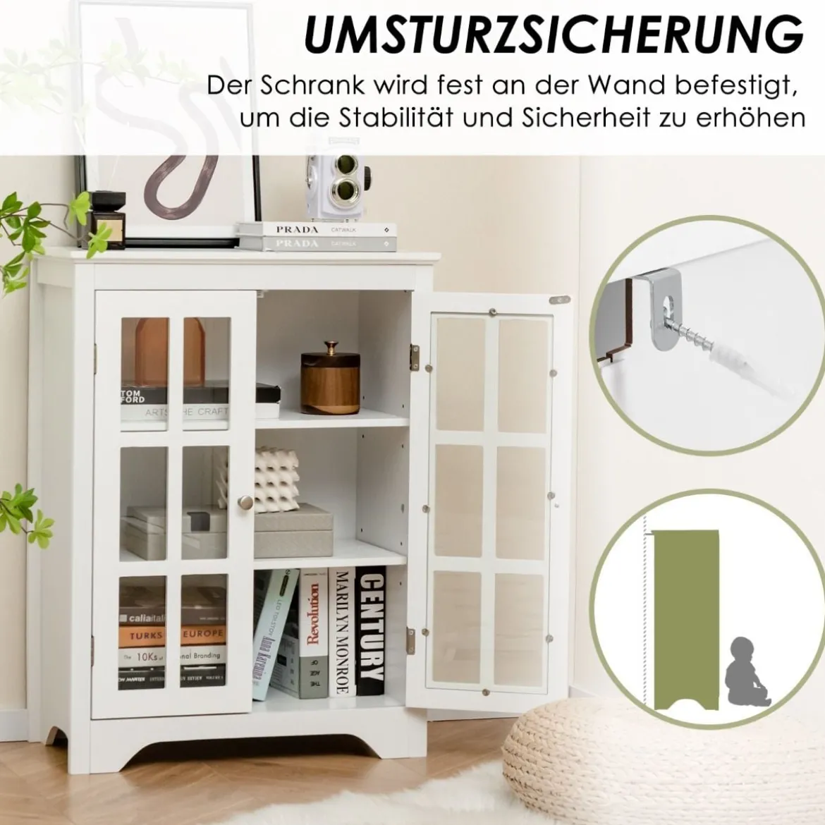 Badezimmerschrank mit 2 Glastüren & 2 Verstellbaren Ablagen Badschrank 60 x 30 x 80 cm Weiß