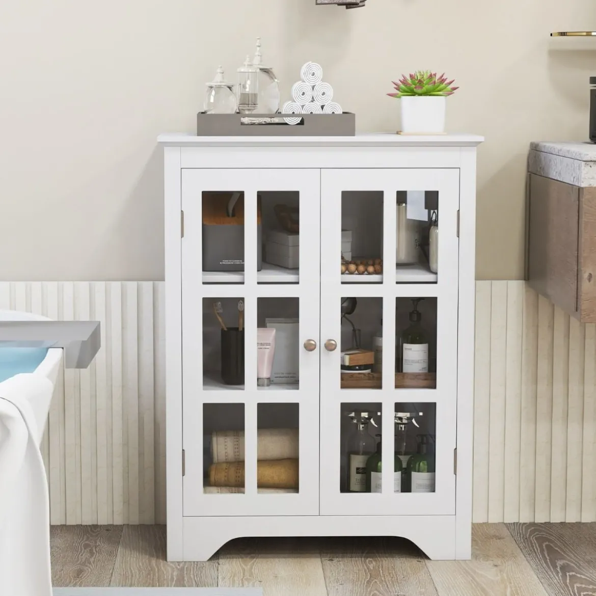 Badezimmerschrank mit 2 Glastüren & 2 Verstellbaren Ablagen Badschrank 60 x 30 x 80 cm Weiß