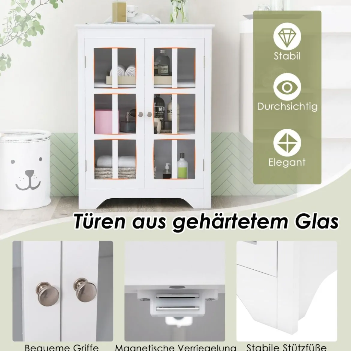 Badezimmerschrank mit 2 Glastüren & 2 Verstellbaren Ablagen Badschrank 60 x 30 x 80 cm Weiß