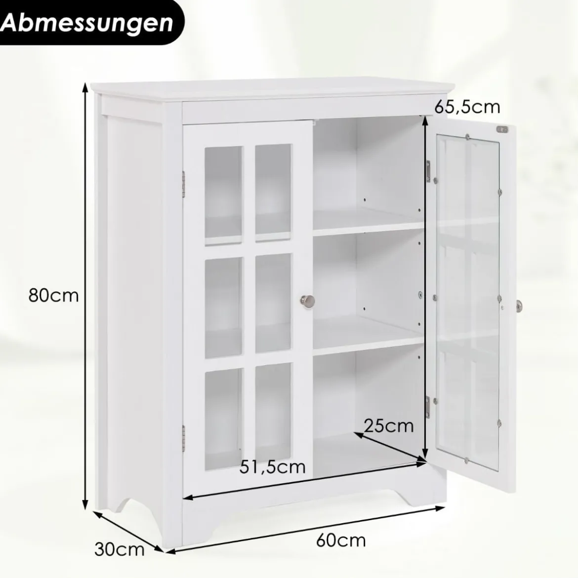 Badezimmerschrank mit 2 Glastüren & 2 Verstellbaren Ablagen Badschrank 60 x 30 x 80 cm Weiß