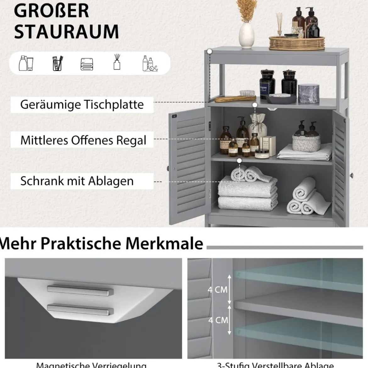 Badezimmerschrank mit Höhenverstellbarer Ablage 60 x 30 x 80,5 cm Grau
