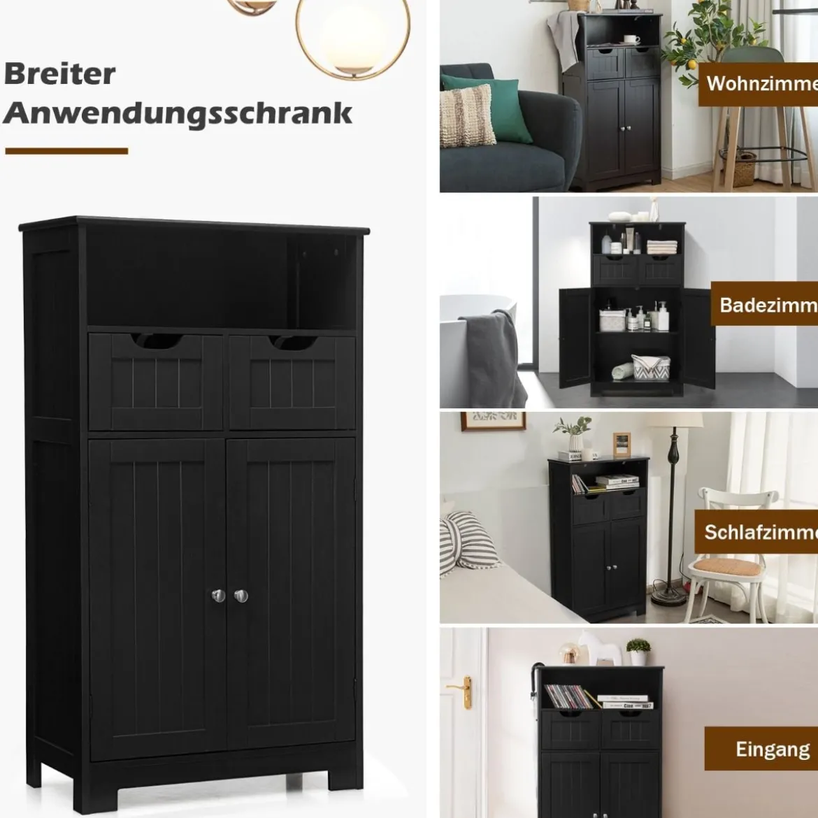Badezimmerschrank mit höhenverstellbarer Ablage Badschrank 60 x 30 x 109 cm Schwarz