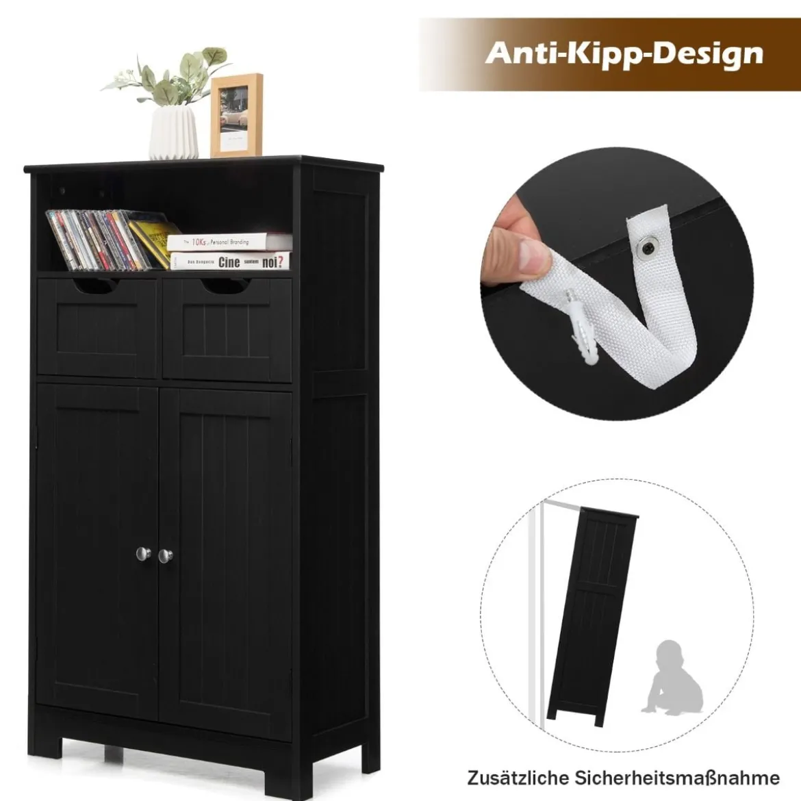 Badezimmerschrank mit höhenverstellbarer Ablage Badschrank 60 x 30 x 109 cm Schwarz