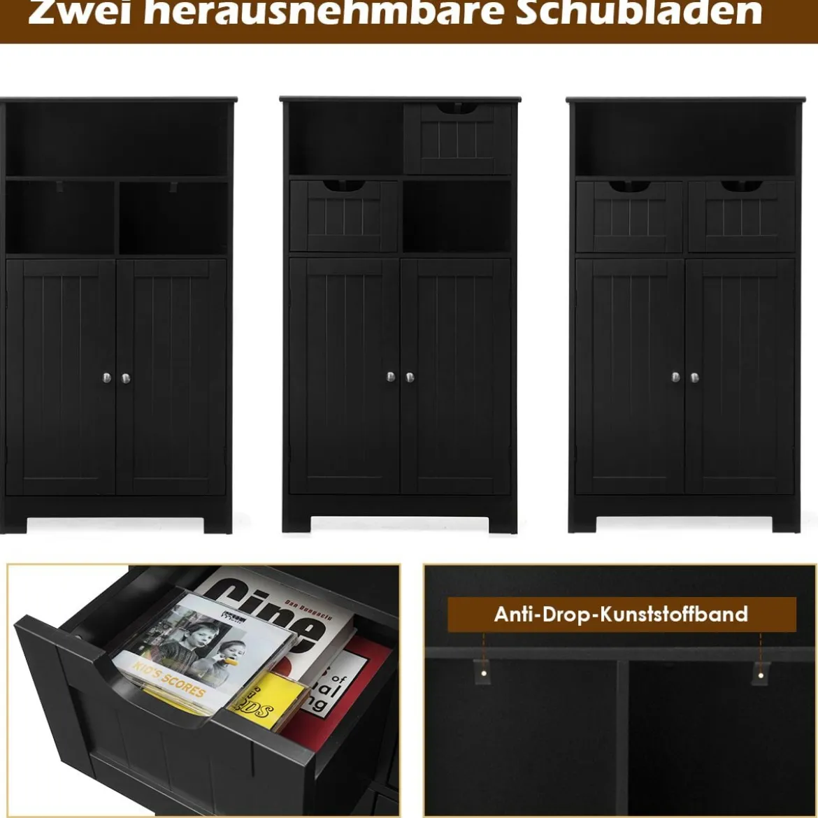 Badezimmerschrank mit höhenverstellbarer Ablage Badschrank 60 x 30 x 109 cm Schwarz